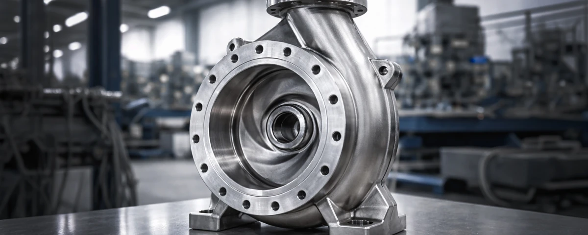 Ein gefrästes Pumpengehäuse auf einer Werkbank.