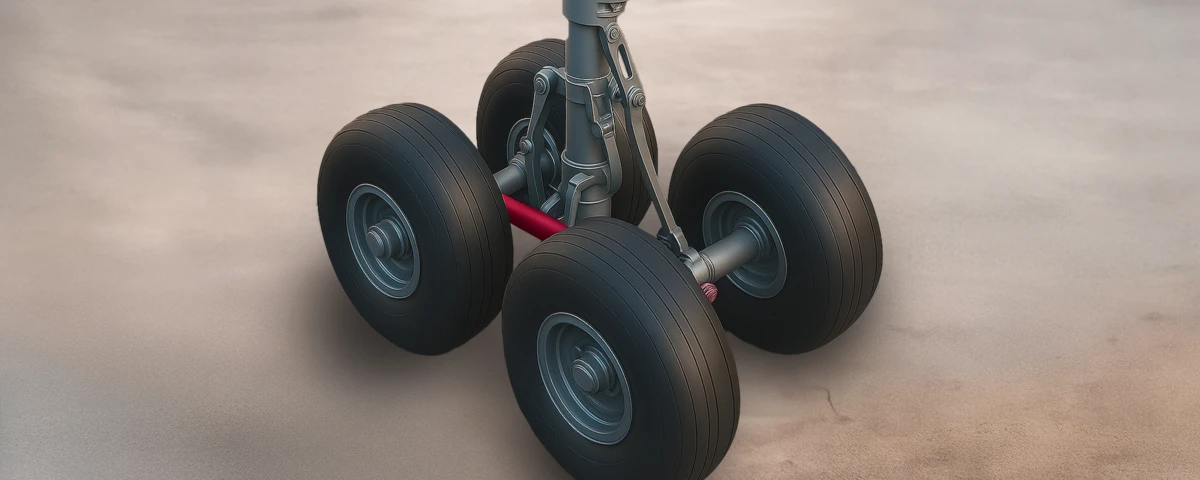 An einem Flugzeugfuß befinden sich vier Flugzeugreifen, die durch eine rot dargestellte Stange, den sogenannten Bogie Beam, miteinander verbunden sind.