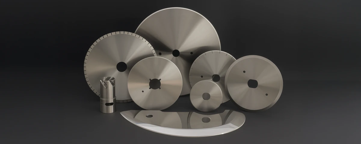 Various cutting tools used in the food industry are shown on a dark background.