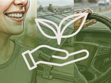 Illustration featuring three scenes: a smiling person, solar panels on rooftops, and a hand on the steering wheel of a car. Above it is a symbol combining a hand and a plant—representing Pokolm’s commitment to sustainability, environmental awareness, and social responsibility.