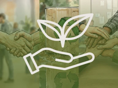 Illustration featuring three scenes: a handshake, a box with a recycling symbol, and teamwork. Above it is a symbol of a hand and a plant – representing social responsibility, fair collaboration, and sustainable working conditions at Pokolm.