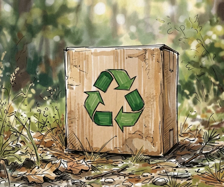 The illustration shows a cardboard box with a recycling symbol.