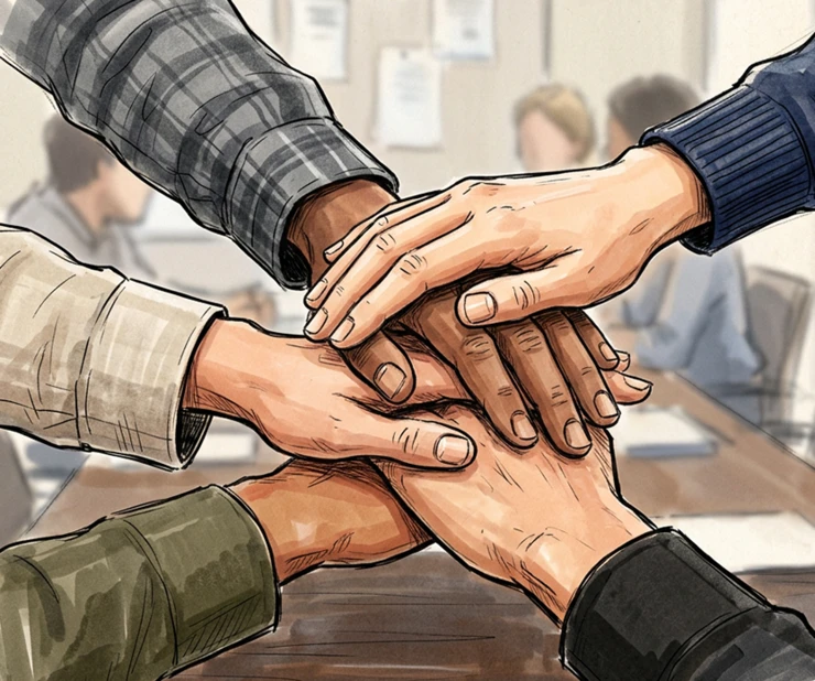 The illustration shows five hands placed one on top of the other, symbolizing teamwork.
