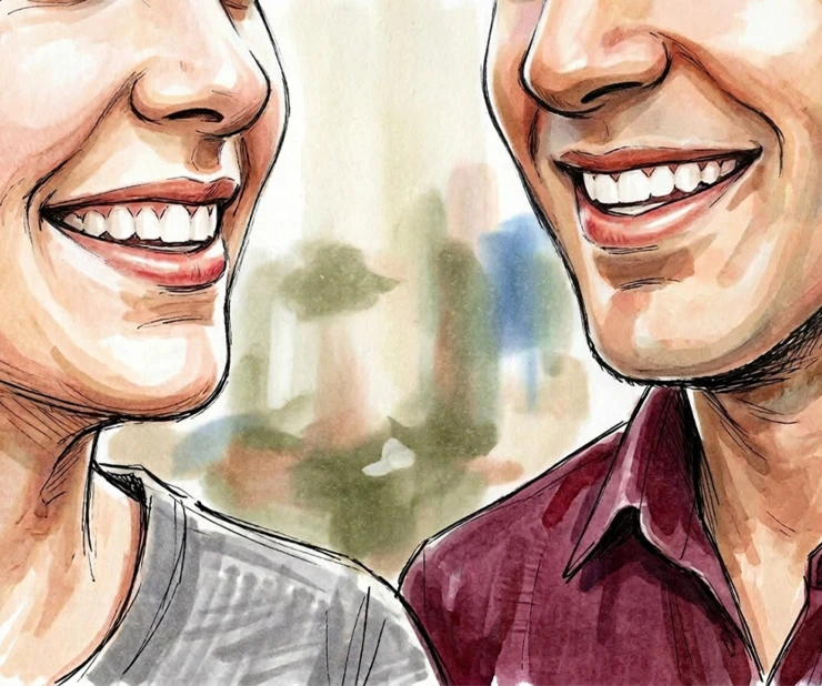 The illustration shows two smiling people.