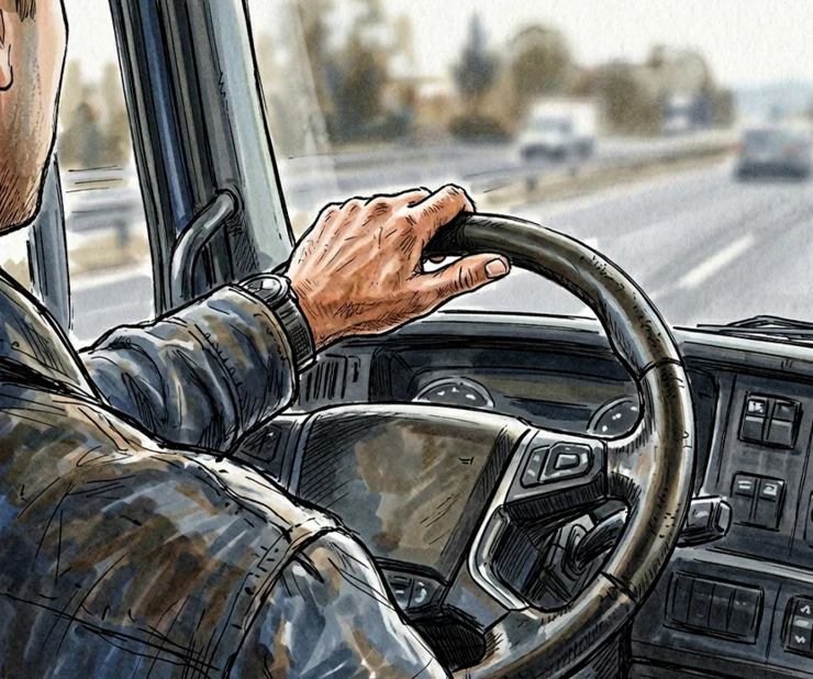 The illustration shows a hand on a car's steering wheel.