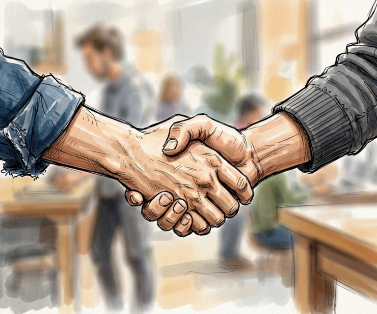 The illustration shows two people shaking hands.