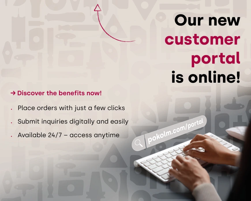 Pokolm's customer portal is online at www.pokolm.com/portal. The image shows two hands on a keyboard, and the URL is displayed.