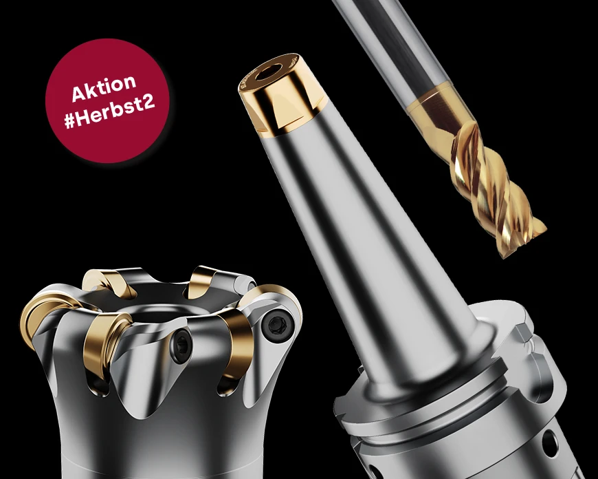 Werkzeugsysteme von Pokolm: Der Wendeplattenfräser Spinworx, ein Aufnahmesystem HSK und ein Vollhartmetallfräser.