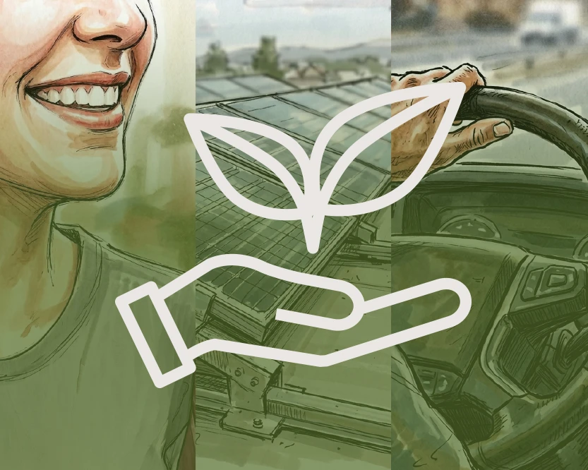 Illustration featuring three scenes: a smiling person, solar panels on rooftops, and a hand on the steering wheel of a car. Above it is a symbol combining a hand and a plant—representing Pokolm’s commitment to sustainability, environmental awareness, and social responsibility.