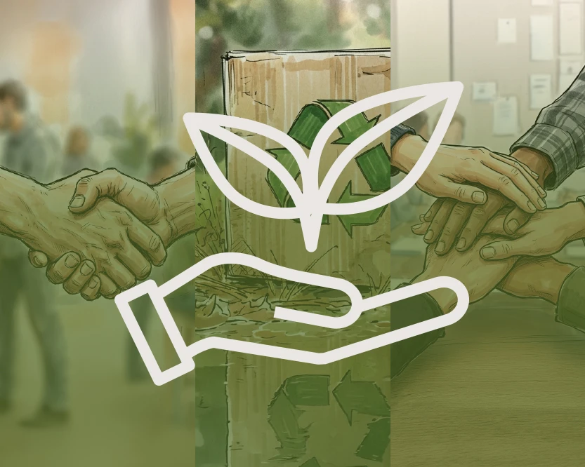 Illustration featuring three scenes: a handshake, a box with a recycling symbol, and teamwork. Above it is a symbol of a hand and a plant – representing social responsibility, fair collaboration, and sustainable working conditions at Pokolm.